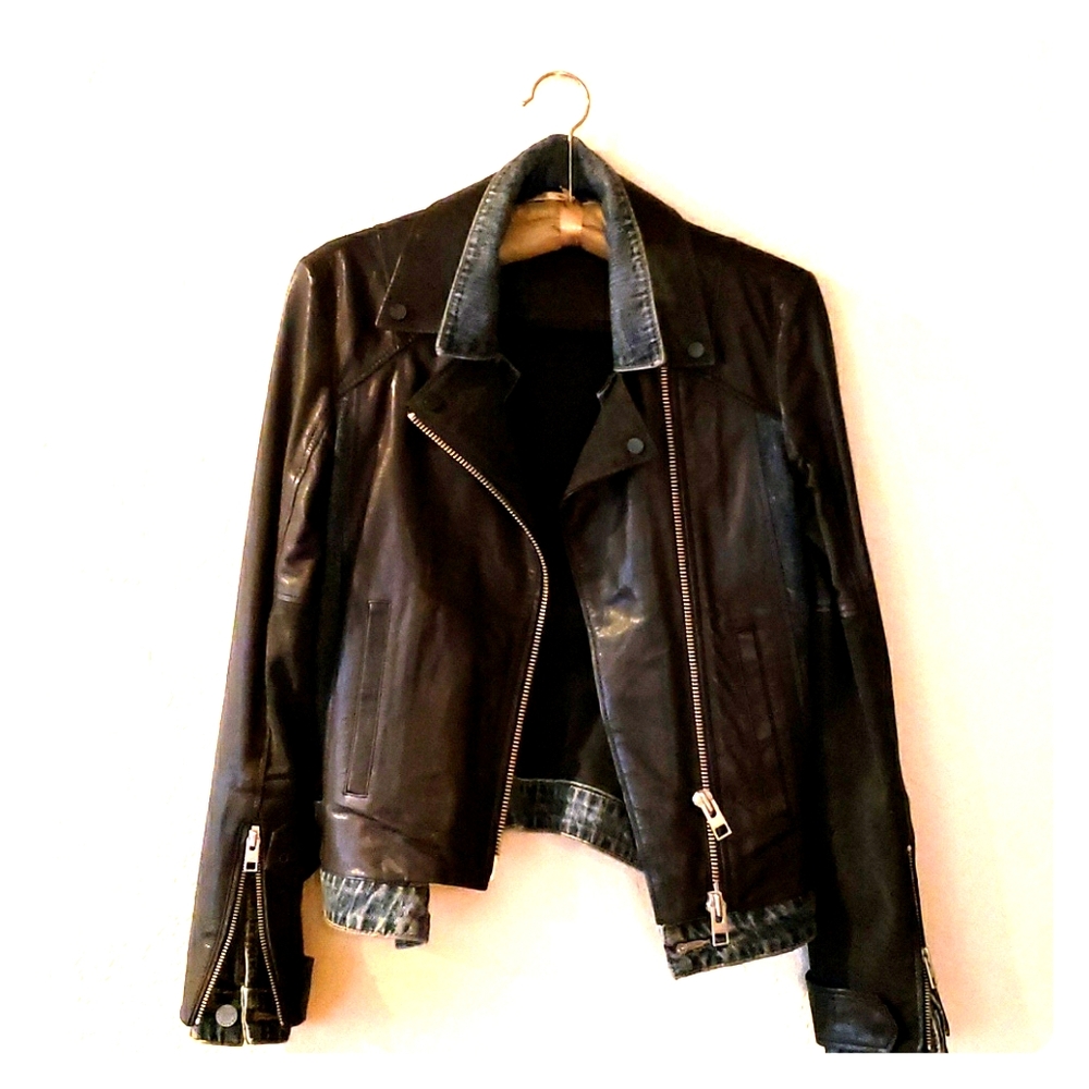 Allsaints Frame Leather & Denim Biker Jacket
